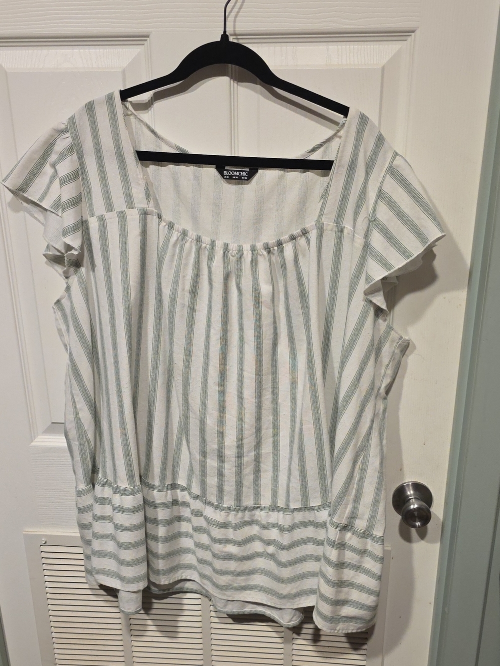 BloomChic White and Sage Striped Flutter-Sleeve Tunic Top